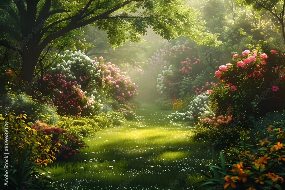 Fototapeta premium A view of a lush green forest with lots of flowers