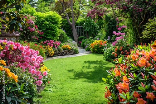 Fototapeta Naklejka Na Ścianę i Meble -  A garden filled with blooming flowers and lush trees in the background