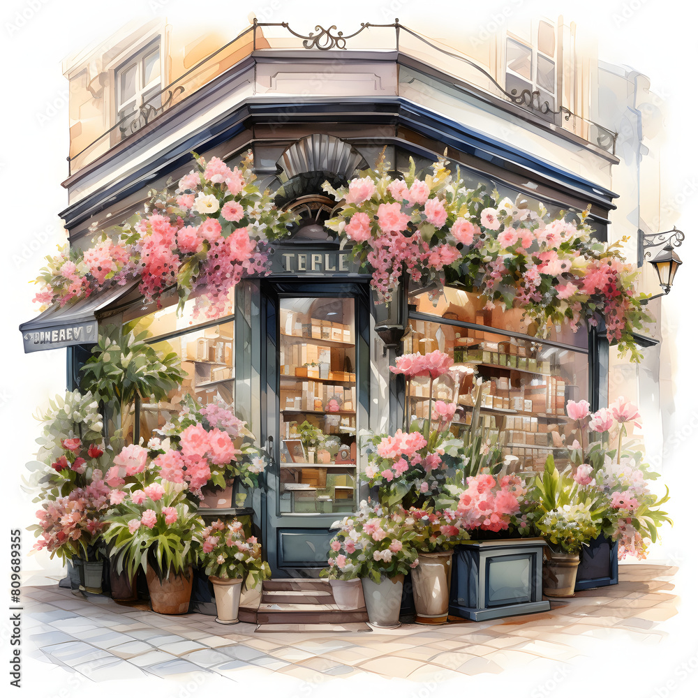 flowers shop, colorful luxury watercolor style.