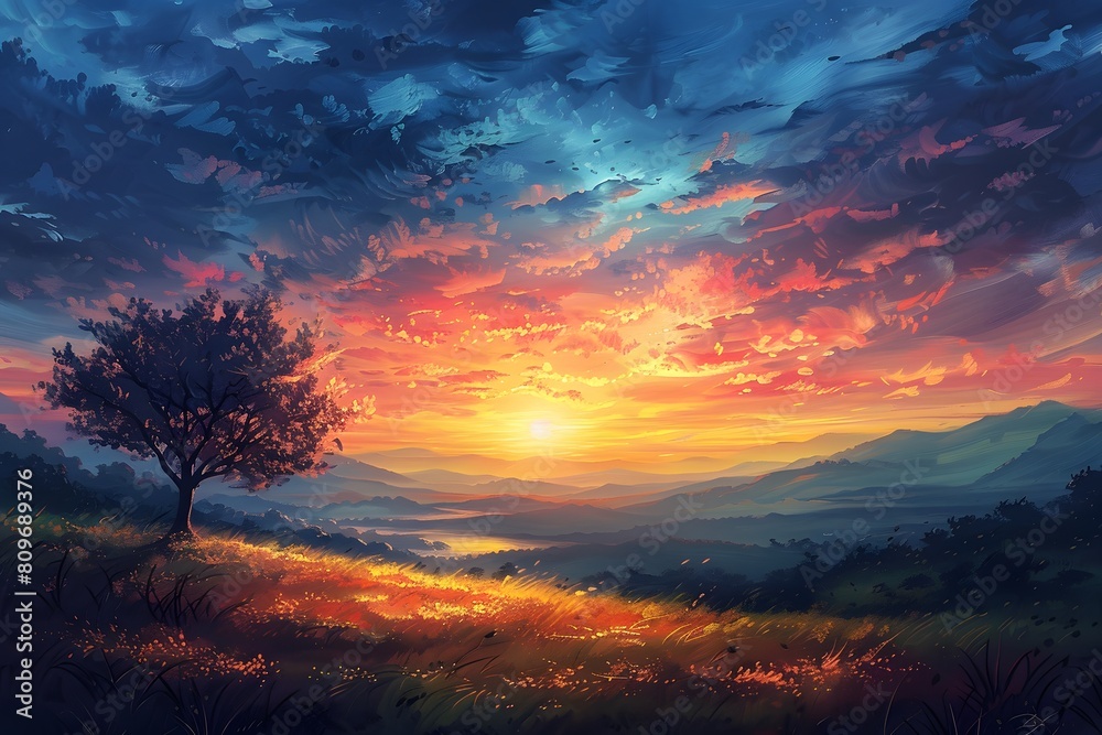 Painting of a lone tree under a sunset
