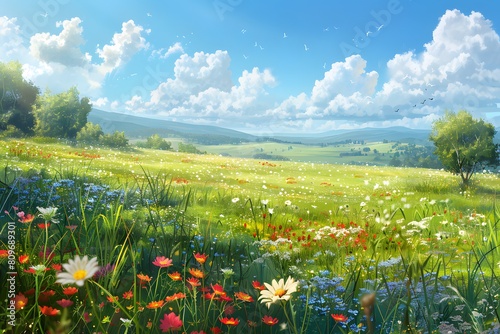 A painting of a field with various flowers and lush trees