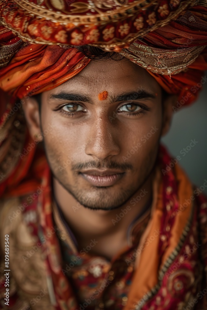 Indian Man Wearing Turban and Headdress