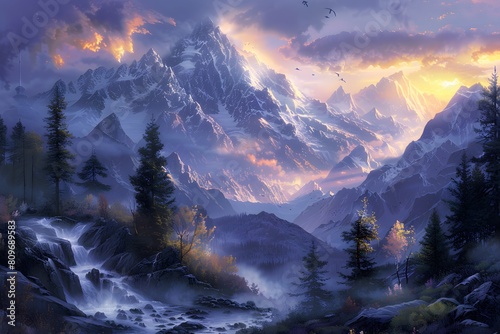 Painting of a mountain scene with a stream and a waterfall