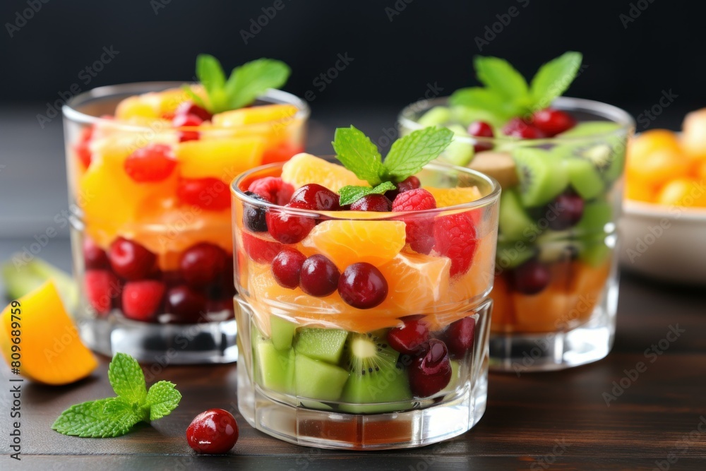 Colorful mixed fruit salad with mint served in clear glasses