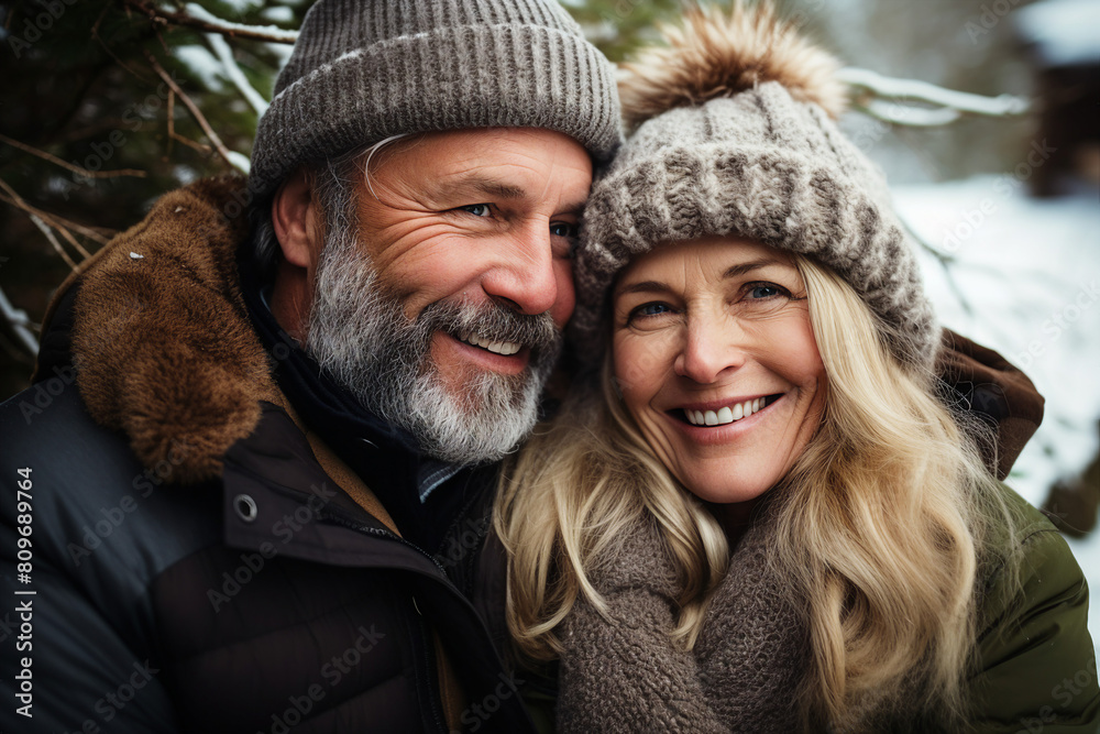 Generated with AI image of a beautiful cheerful couple walking enjoying winter picnic outdoors Generated with AI image of a beautiful cheerful couple walking enjoying winter picnic outdoors