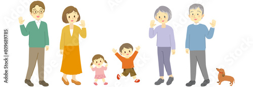 手を振って再会を喜ぶ仲良し三世代家族と小型犬（斜め横・全身）
