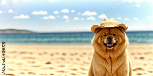 Chow chow dog sitting on the beach.