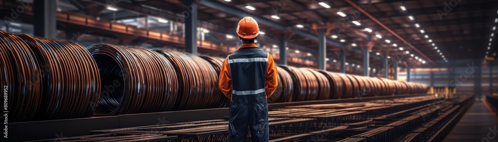 In the dimly lit factory, the lone worker stands amidst towering coils of copper wire