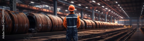 In the dimly lit factory, the lone worker stands amidst towering coils of copper wire photo