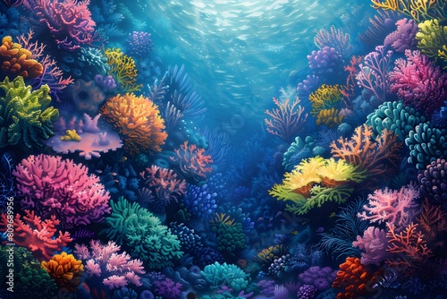 Sunlight illuminates vibrant coral reef painting