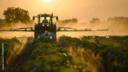 Tractor spraying pesticides in morning on soybean field