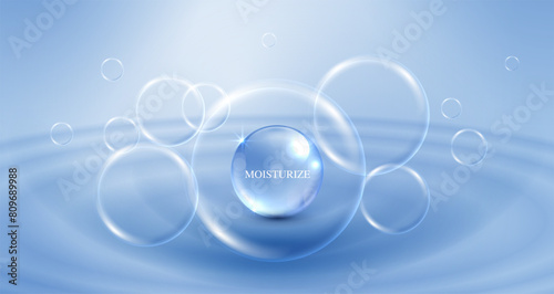 Moisturizer and hyaluronic acid on a blue background. skin care with water droplets is absorbed into the skin and cells. use ads, lotions, serums, creams. medical and scientific concepts. vector.