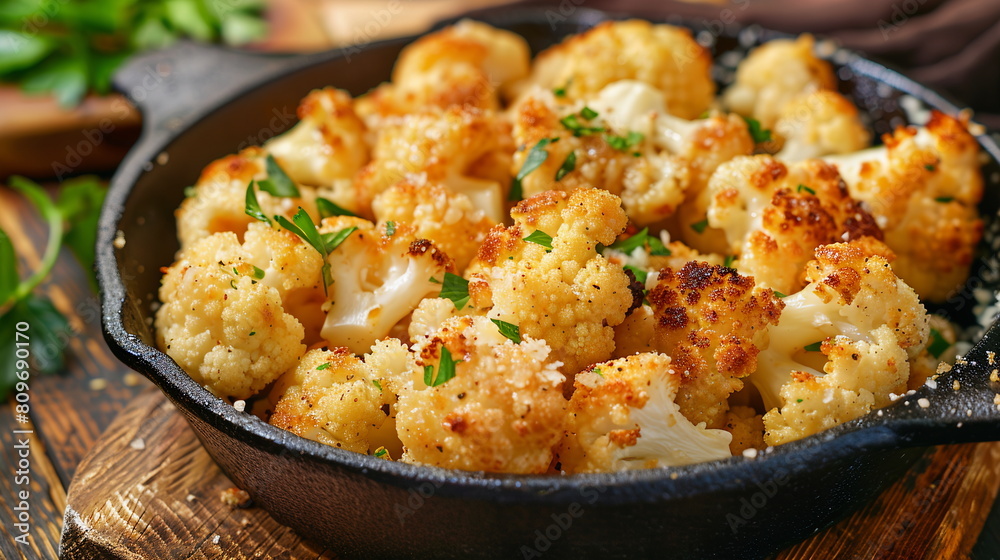 Garlic parmesan roasted cauliflower florets served in a cast iron skillet. Garlic parmesan roasted cauliflower florets served in a cast iron skillet.