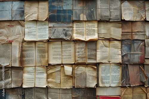 Wall of old books with torn pages and torn pages