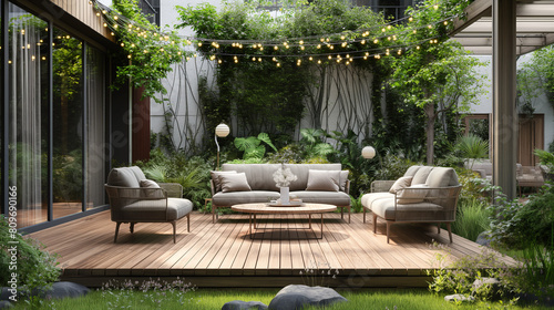 Wooden terrace with garden and outdoor furniture in modern style. Wooden floor, green plants, and trees in the background. Garden party or summer vacation concept. Design interior of house