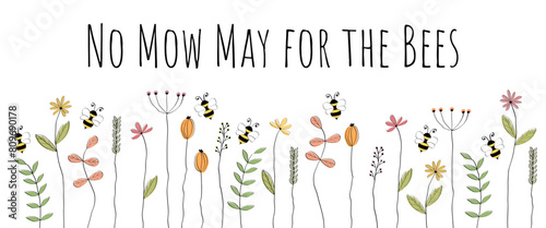No Mow May - Schriftzug in englischer Sprache - Mähfreier Mai für die Bienen. Banner mit Bienen auf einer Blumenwiese.