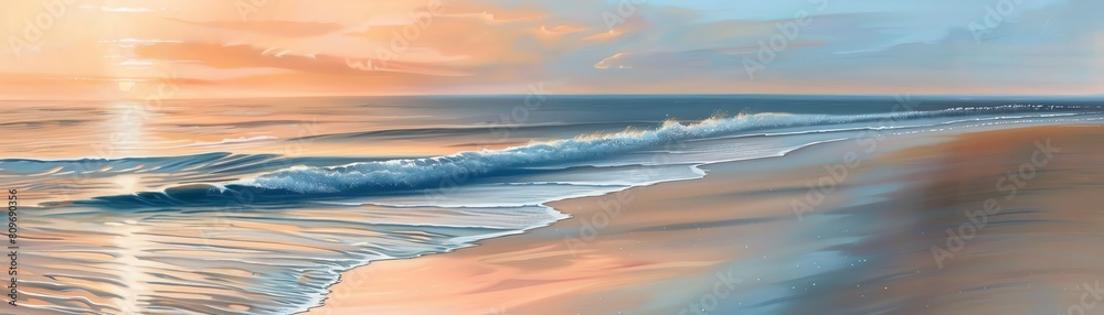 A beautiful painting of a beach at sunset