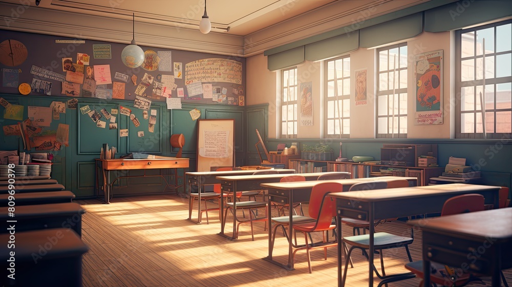 School classroom without young student. View of elementary class room no kid or teacher with chairs and tables in campus. School classroom without young student. View of elementary class room no kid or teacher with chairs and tables in campus.