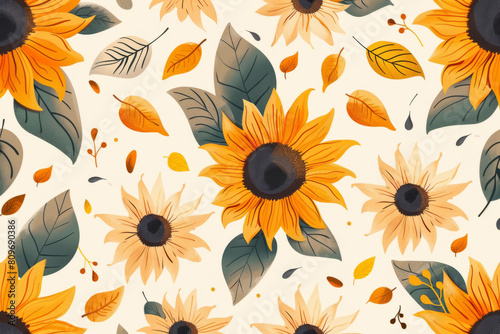 Pattern of sunflowers on a light background. Seamless pattern of beautiful yellow sunflowers. A flat illustration.