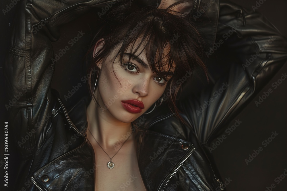 Stylish Woman Posing in Leather Jacket Stylish Woman Posing in Leather Jacket