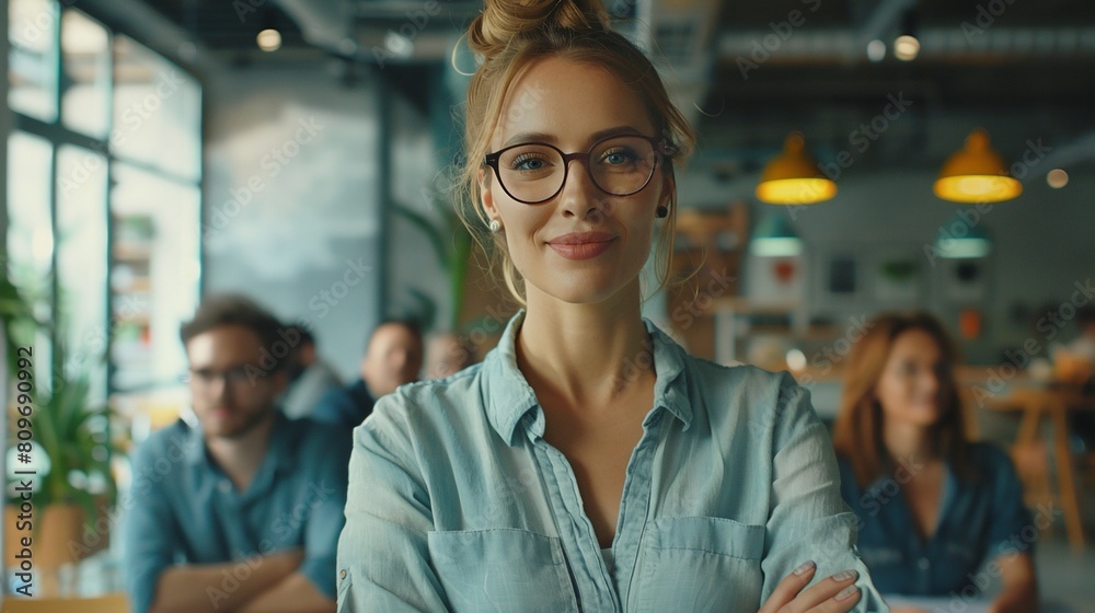Confident smiling businesswoman company director standing in front of employee sitting at the table. Confident smiling businesswoman company director standing in front of employee sitting at the table.