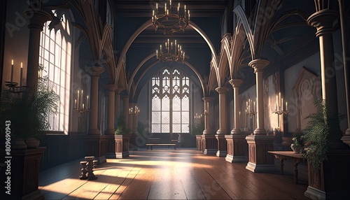Large hall of medieval palace in gothic style. photo