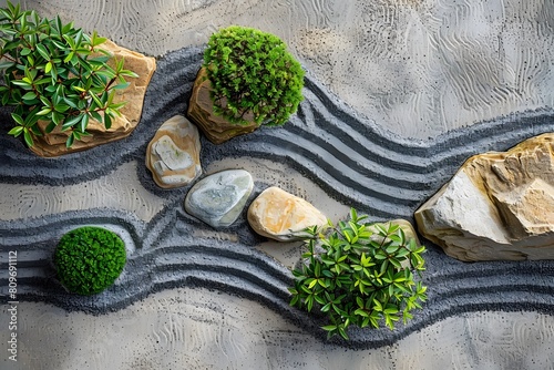 Close up view of various stones and plants in a rock garden photo