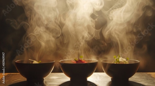 Bold silhouette of levitating bowls of steaming hot soup with garnishes photo