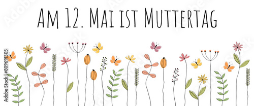 Am 12. Mai ist Muttertag - Schriftzug in deutscher Sprache. Banner mit Schmetterlingen und Blumen.