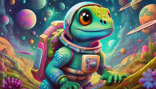 oil painting style Cartoon character lizard Cosmonaut in space suit in outer space,