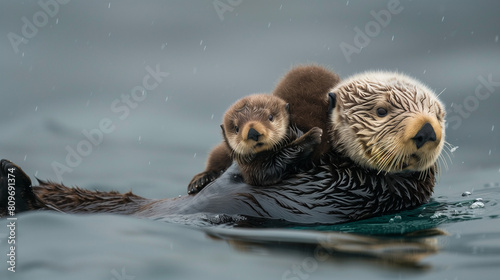  Two sea otters hugging each other in the lake © Nurul