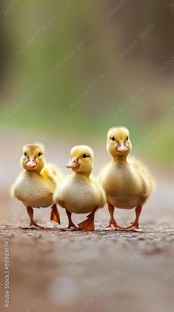 Charming baby ducklings waddling after their mother in a row