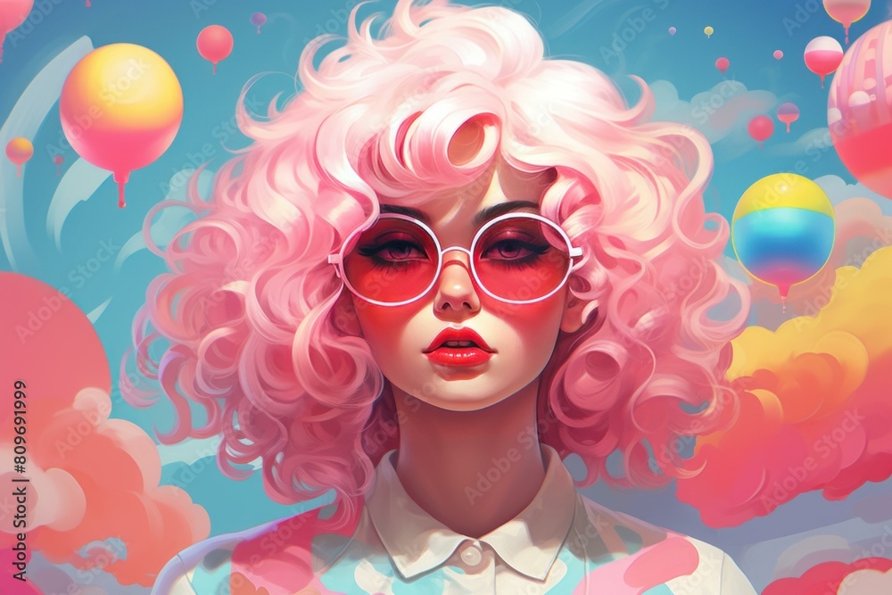 Fototapeta premium Whimsical illustration of a girl with pink curls and heart-shaped sunglasses against a pastel sky