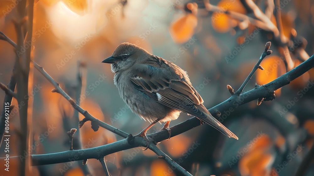 Obraz premium A small brown bird perches on a branch in the early morning light. The bird's feathers are fluffed up to keep it warm in the cool air.