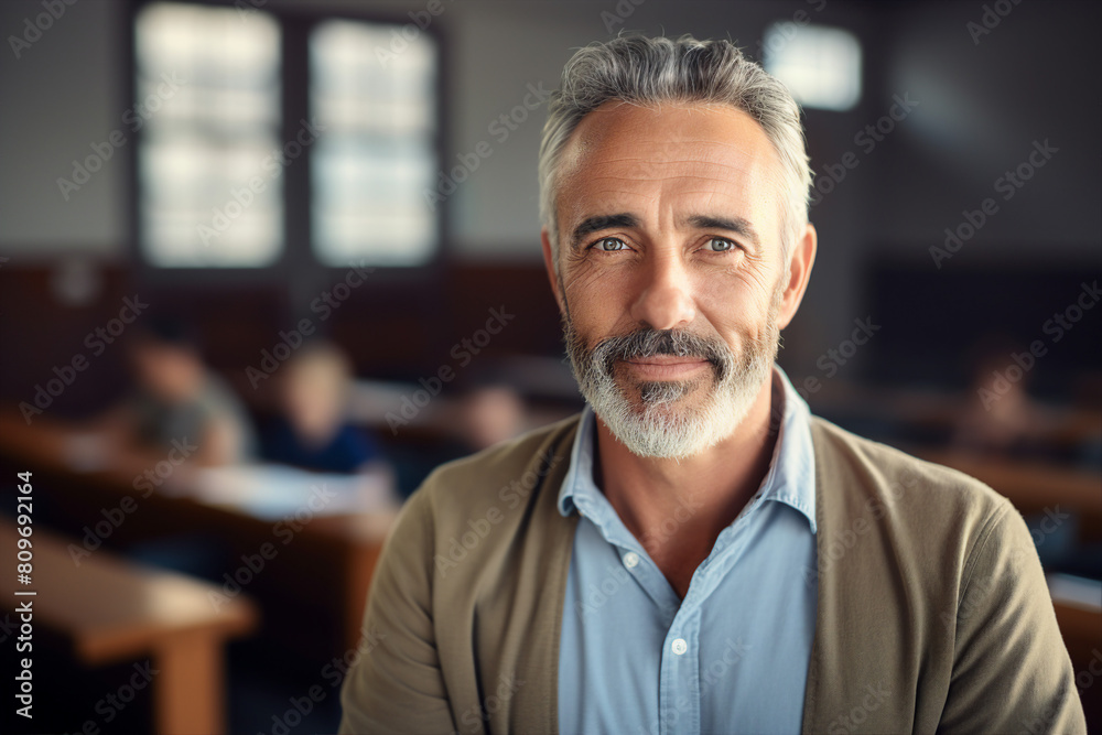 Portrait of happy middle aged male teacher smiling at the camera in classroom generative AI Portrait of happy middle aged male teacher smiling at the camera in classroom generative AI