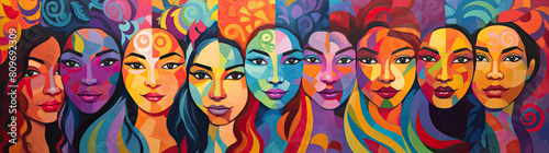 A painting of a group of women with different colored faces