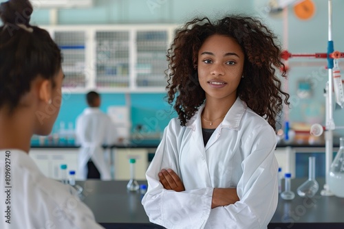 African female scientist in lab coat analyzing samples with microscope in professional laboratory.