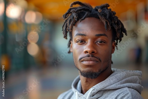 African American basketball player with dreadlocks stands confidently in casual attire, smiling. © Iryna