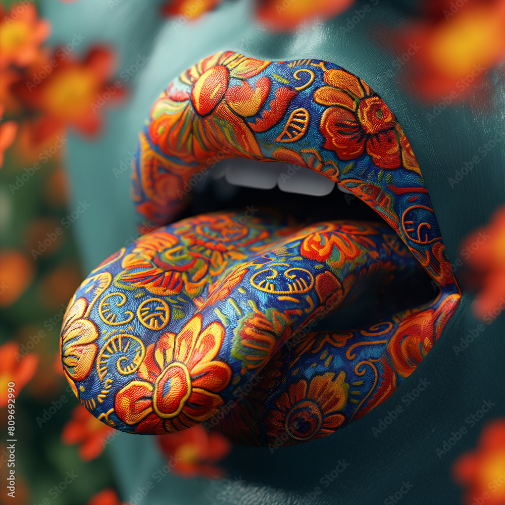 Erotische Sexy Lippen einer Frau in Retro mit Painting und Neon Farben Psychedelic als Poster Nahaufnahme