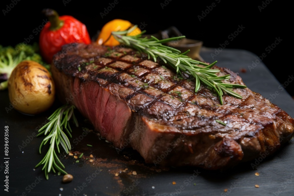 Close-up of perfectly cooked medium-rare steak on dark background Close-up of perfectly cooked medium-rare steak on dark background