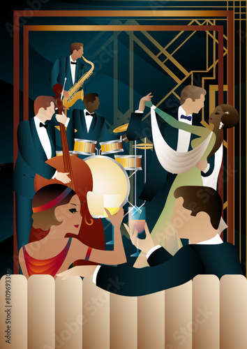 Jazz musicians and dancers on a universal background. Double bass, saxophone, drum. Musicians play musical instruments