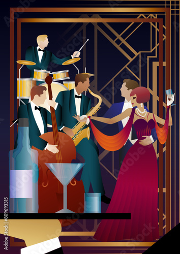 Jazz musicians and dancers on a universal background. Double bass, saxophone, drum. Musicians play musical instruments