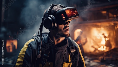 A man wearing a firefighters helmet and ear muffs in a virtual reality simulation of an emergency situation photo
