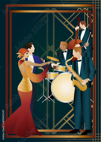 Jazz musicians and dancers on a universal background. Double bass, saxophone, drum. Musicians play musical instruments