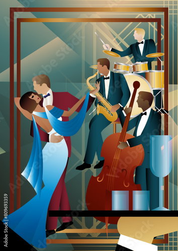 Jazz musicians and dancers on a universal background. Double bass, saxophone, drum. Musicians play musical instruments