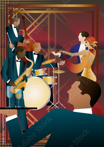 Jazz musicians and dancers on a universal background. Double bass, saxophone, drum. Musicians play musical instruments