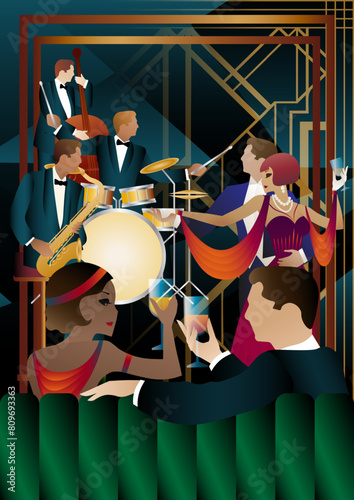 Jazz musicians and dancers on a universal background. Double bass, saxophone, drum. Musicians play musical instruments