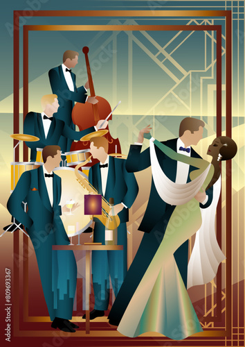 Jazz musicians and dancers on a universal background. Double bass, saxophone, drum. Musicians play musical instruments