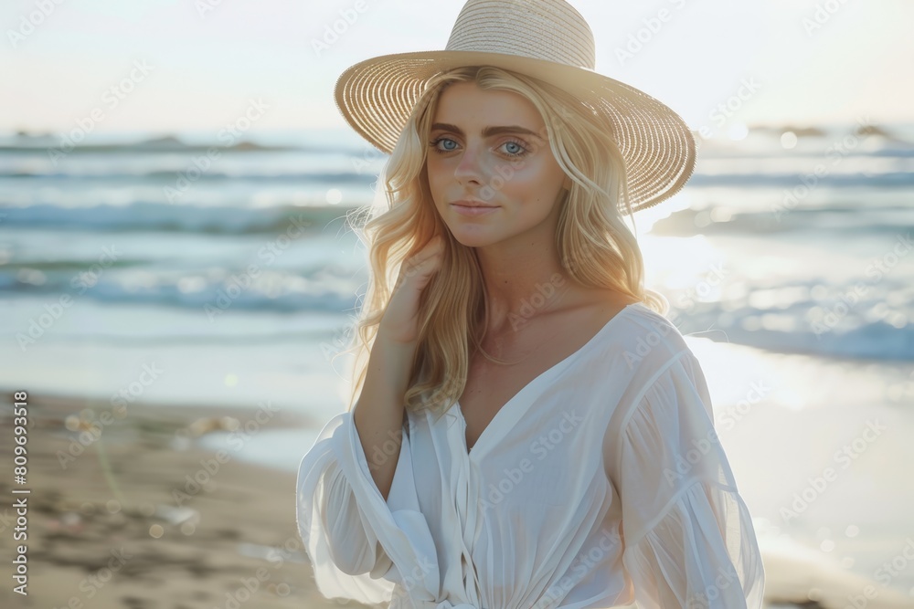 Blonde Woman in White Dress on Beach. Generative AI.