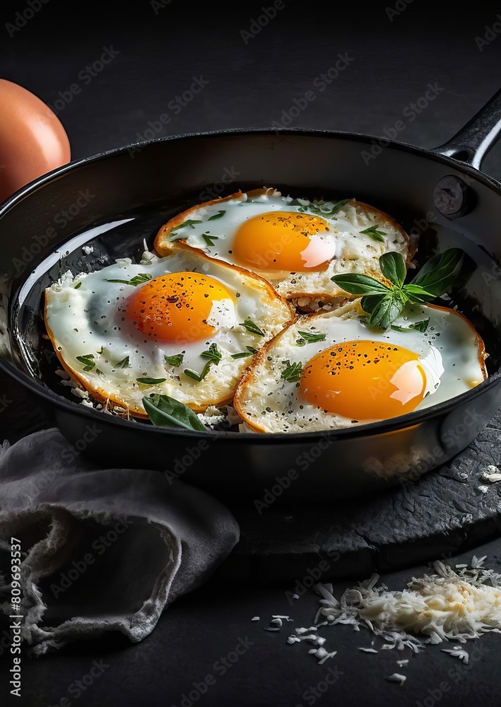 Fried eggs in a pan for breakfast studio photo of products, dark black background. Generative AI, Fried eggs in a pan for breakfast studio photo of products, dark black background. Generative AI,